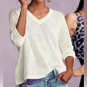 Cabi #5454 Breeze Pullover White Cotton Linen Blend Open-Knit V-Neck Size Small